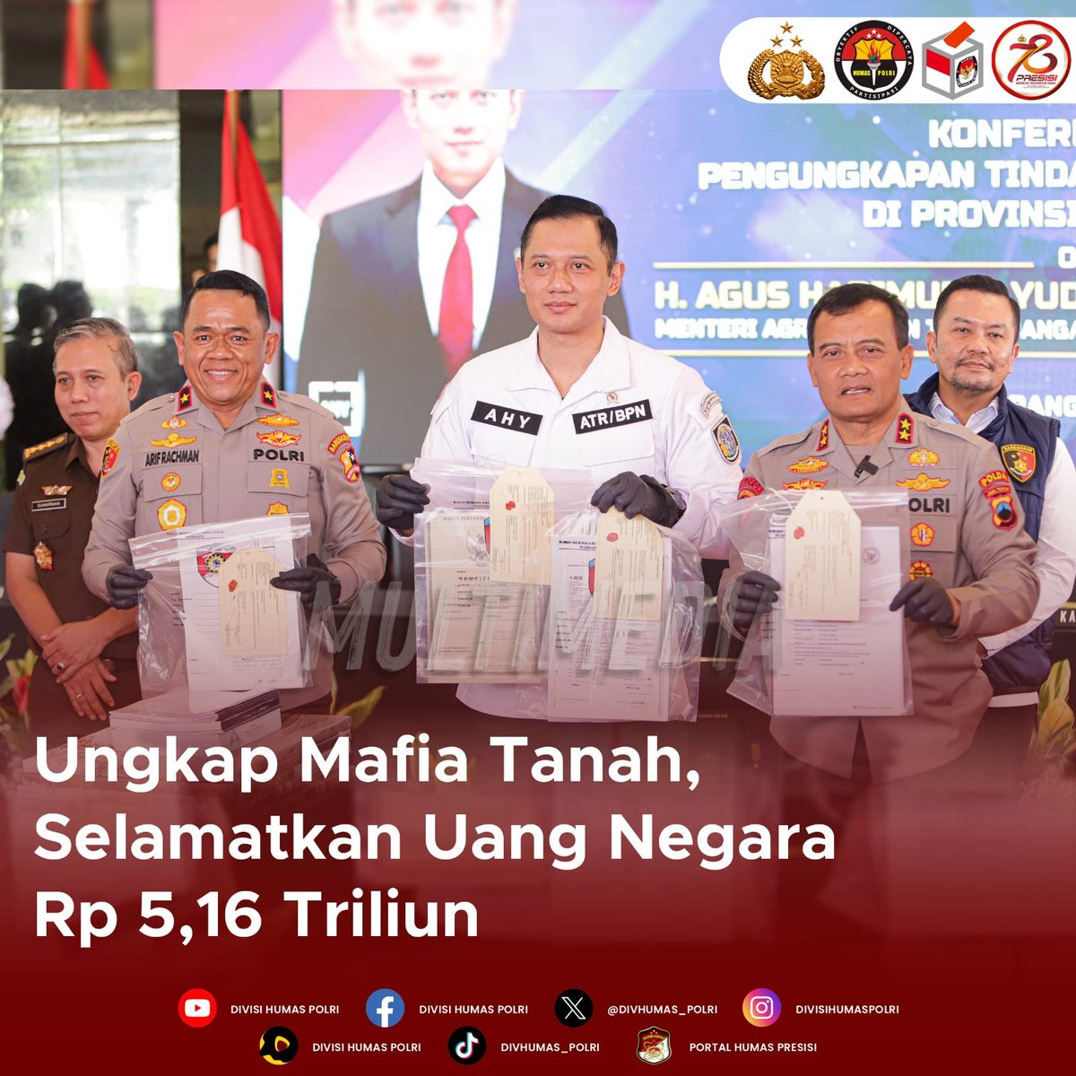 Sepanjang 2024 #PolriLayaniIndonesia telah mengungkap 84 kasus mafia tanah dengan total penyelamatan uang negara dan masyarakat mencapai Rp 5,16 triliun. Maksimal Melayani Publik Pengungkapan terbesar skala nasional berada di Grobogan dengan nilai kerugian mencapai Rp 3,4 triliun
