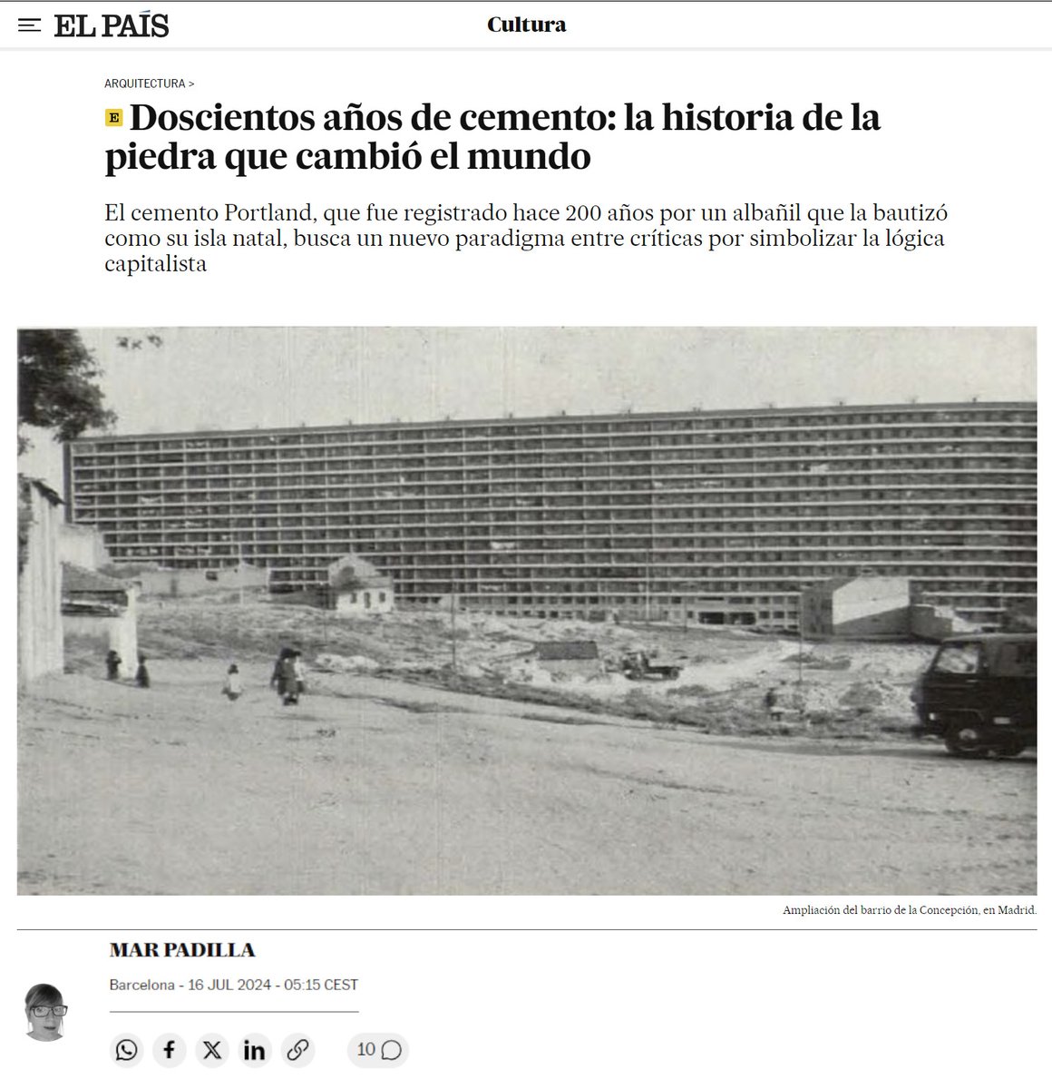 Interesante artículo de Mar Padilla en <a href="/elpais_cultura/">El País Cultura</a>  sobre el cemento en el que colaboro con una aportación infinitesimal. ¡Investigación de materiales y construcción sostenible!
elpais.com/cultura/2024-0…