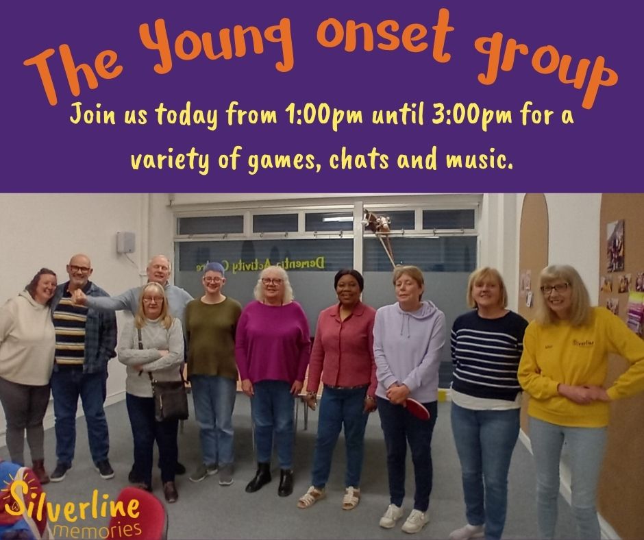 Join our Young Onset Peer Support Group today from 1:00pm until 3:00pm or you can refer on our online website at silverlinememories.com