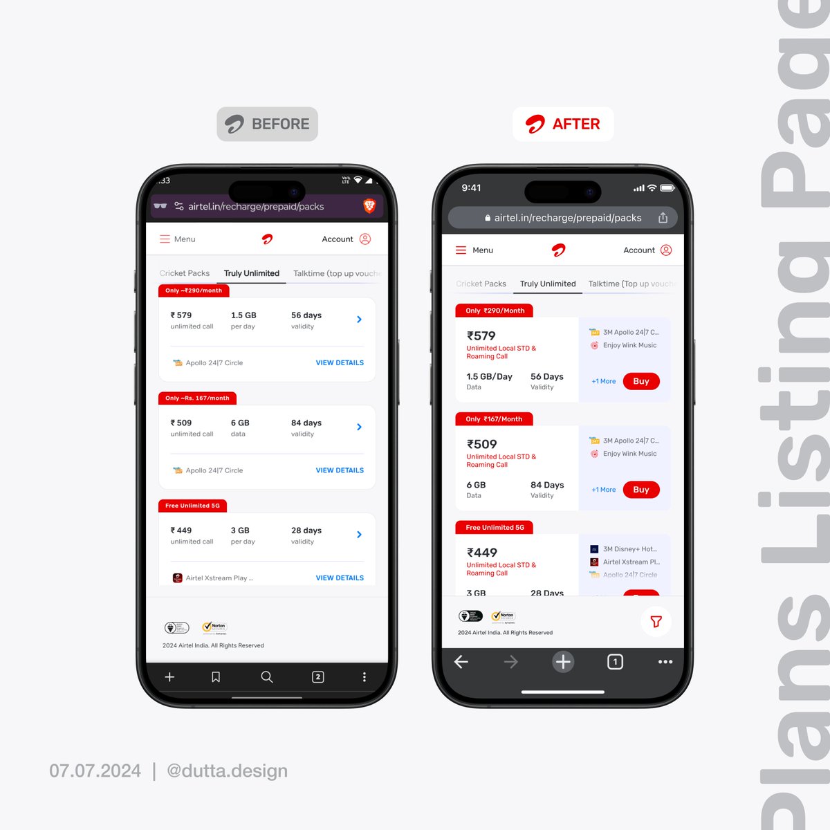 duttadesign's tweet photo. I redesigned the Airtel plans listing page to make it easier for customers to understand and compare plans. Key improvements:

✨ Enhanced clarity of plan benefits
📝 Improved comparison features
💡 Effective user nudges
🗑️ Removed redundant elements

#uidesign #airtel #uxhacks https://t.co/ofECwYuXxx