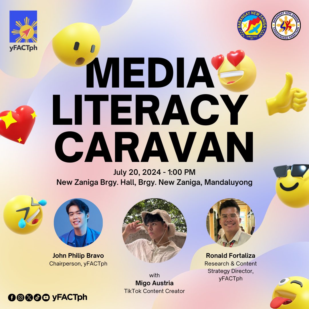 How you could maximize the power of online platforms in creating meaningful content, and in building purposeful communities? 👀

Join us on Saturday, July 20 as yFACTph brings another #MediaLiteracyCaravan to Brgy. New Zaniga, Mandaluyong City! 👨🏻‍💻👩🏻‍💻

#yFACTphInMandaluyong