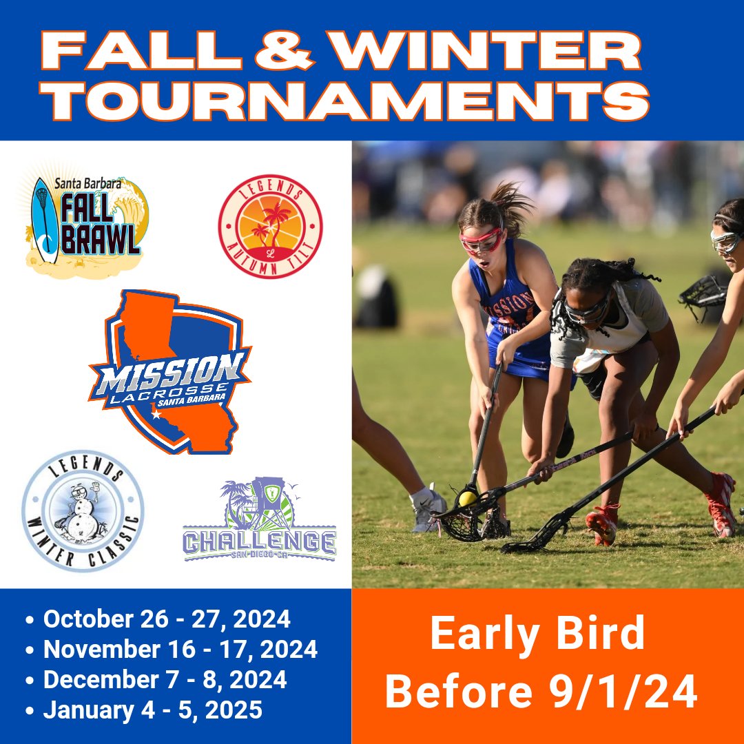 News flash! Registration is open for our fall tournament season!  Sneak peak at our new winter tournament offering too.  All three fall tournaments detailed on our website. Early Bird pricing before September 1st. Join us! #sbmissionlax #laxinthe805 #wearesantabarbara