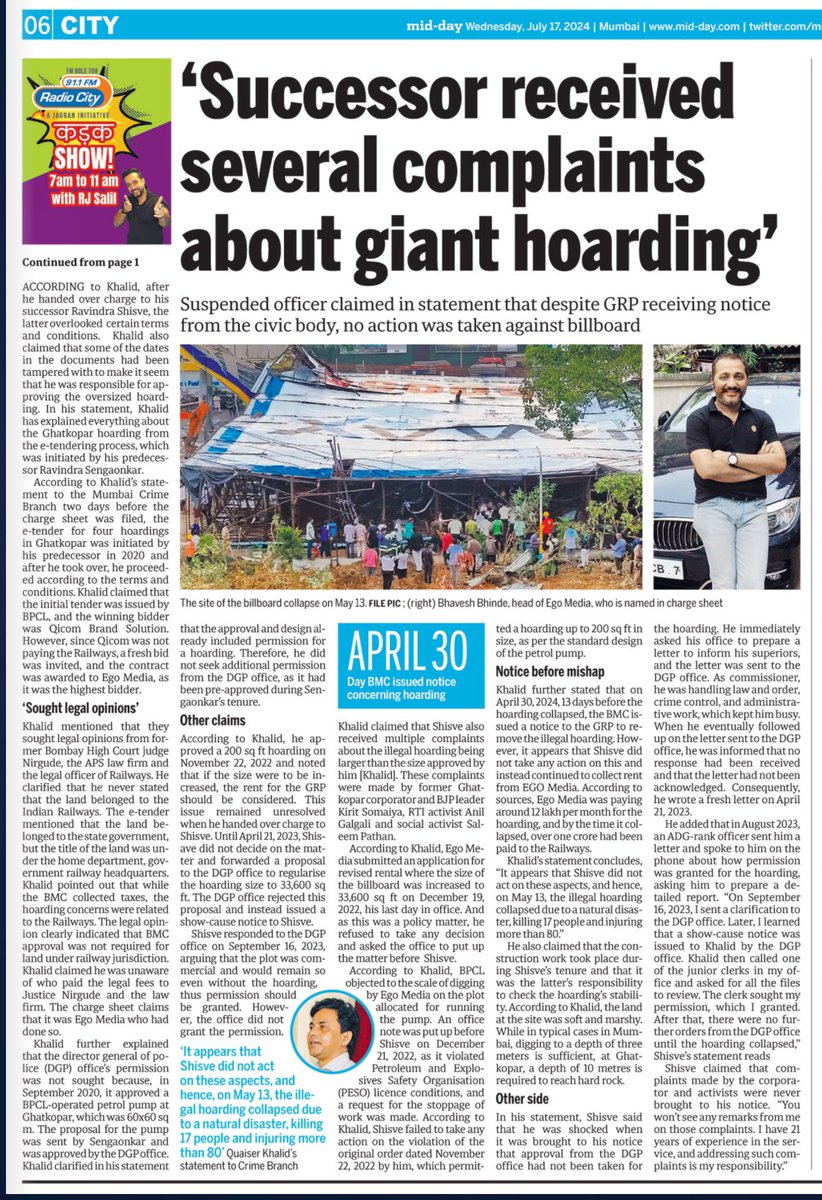 journofaizan's tweet photo. Suspended IPS officer #QuaiserKhalid claims he only gave permission for a 200 sq. ft. hoarding, but the size was illegally increased to 33,600 sq. ft. during the current CP Ravindra Shisave’s tenure. He made this claim in his statement to the crime branch. #GhatkoparHoarding https://t.co/DaxZq1wlGd