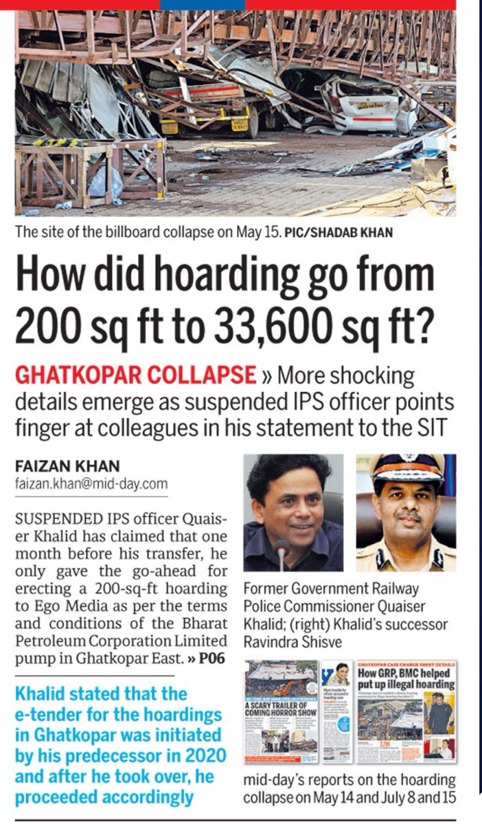 journofaizan's tweet photo. Suspended IPS officer #QuaiserKhalid claims he only gave permission for a 200 sq. ft. hoarding, but the size was illegally increased to 33,600 sq. ft. during the current CP Ravindra Shisave’s tenure. He made this claim in his statement to the crime branch. #GhatkoparHoarding https://t.co/DaxZq1wlGd