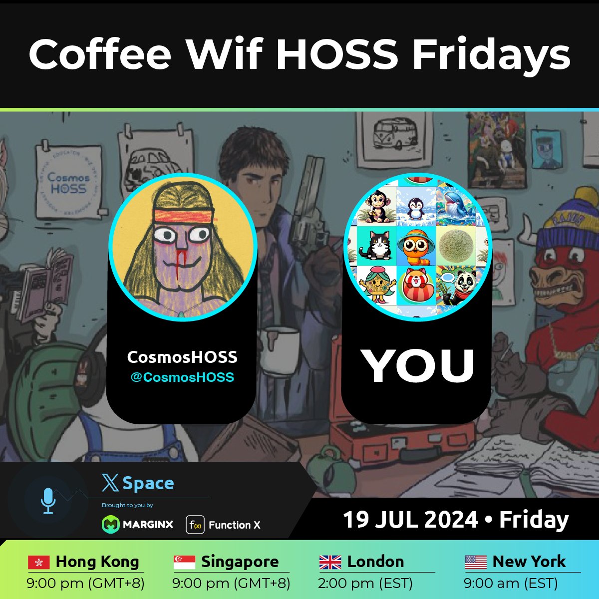 youcanshortit's tweet photo. Join @CosmosHOSS and have some $COFFEE @coffeewifhoss this Friday! Come share your #memecoins, alpha, project or anything #crypto on the our regular open mic series!

Set Reminder:
https://t.co/MpPYDFVPE7 https://t.co/fkPMGyawQL