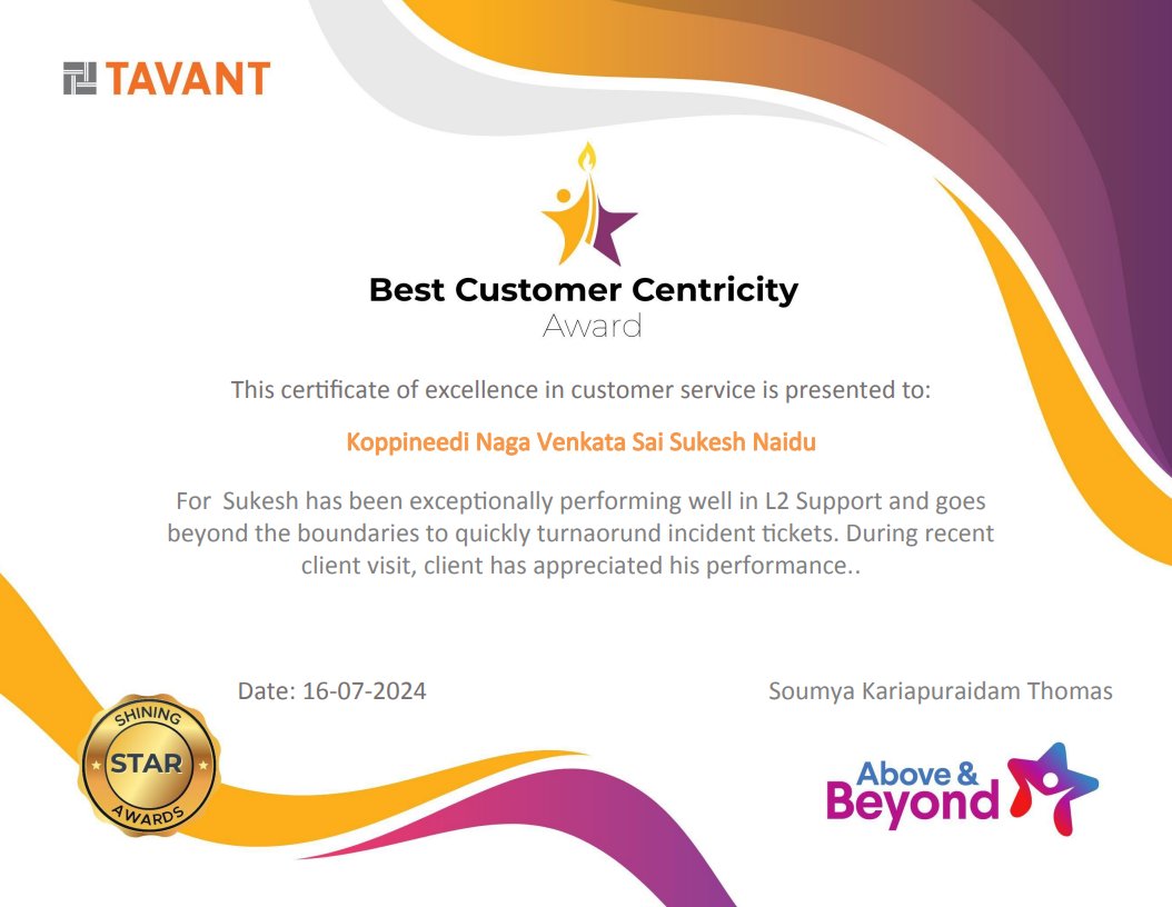 🌟 Grateful and honoured to receive the Best Customer Centricity Award at <a href="/Tavant/">Tavant</a> for my dedication and performance in L2 Support! 

Special thanks to Soumya Thomas &amp; Biney Snehi for their guidance. 
#CustomerService #Award #Recognition #Gratitude #Teamwork