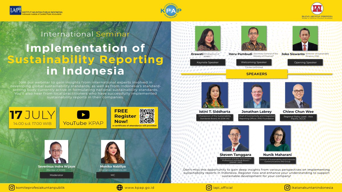 Join our webinar today! 
with the theme of "Implementation of Sustainability Reporting in Indonesia"
Watch live via Youtube IAI:
youtube.com/live/syo80Q_91…

For more info visit: linktr.ee/WebinarISR2024