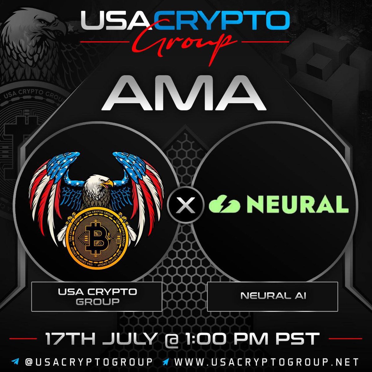 Venue: Neural AI AMA     
Time: 7/17/24 @ 1:00PM PST         
Location: t.me/UsaCryptoGroup……… 
Prize: $80             

Twitter Cash Prize: $15       
Rules:   Follow, comment, RT
@UsaCryptoGroup
<a href="/GoNeuralAI/">NeuralAI</a>