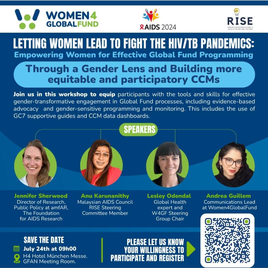 Lesley Odendal (@lesleyodendal) on Twitter photo If you are fighting for gender-transformative programming in <a href="/GlobalFund/">The Global Fund</a> grants and will be at AIDS 2024, then this workshop hosted by <a href="/w4_gf/">Women4GlobalFund (W4GF)</a> and The Rise Study is for you.
Please register and looking forward to seeing you there. Venue is 4 minutes walk from the conference. If you are fighting for gender-transformative programming in <a href="/GlobalFund/">The Global Fund</a> grants and will be at AIDS 2024, then this workshop hosted by <a href="/w4_gf/">Women4GlobalFund (W4GF)</a> and The Rise Study is for you.
Please register and looking forward to seeing you there. Venue is 4 minutes walk from the conference.