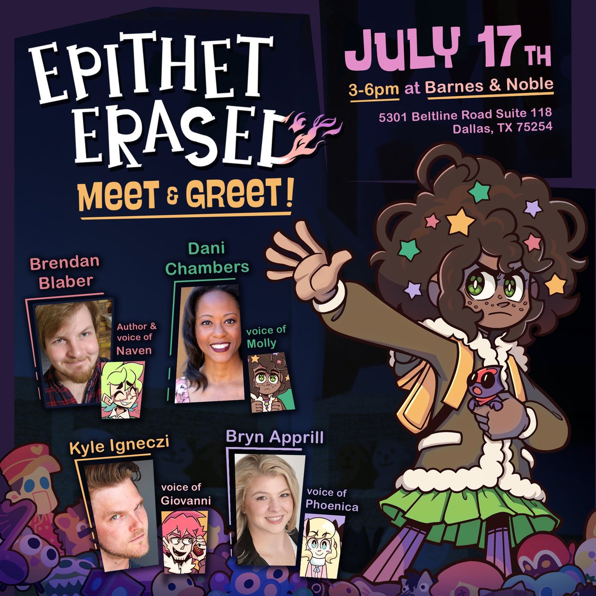 A REAL LIFE <a href="/EpithetErased/">Epithet Erased (Follow us on Bsky!)</a> event in Dallas?! Count me in!

Come hang out with me and these certified wünderhümans if you’re in the area!

We’ll be signing prints, figures, books, fan art, high school yearbooks, permission slips, GlamourShots™️ of your cat, whatever you’ve got!