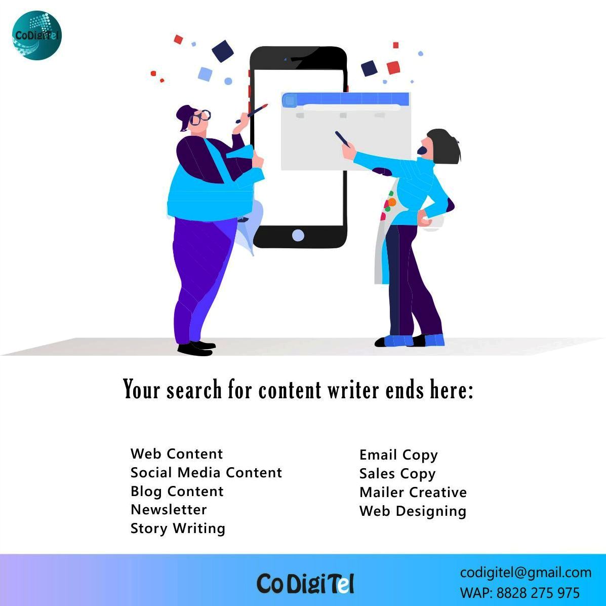 CoDigiTel's tweet photo. Your search for #contentwriter ends here.
#ContentStrategy #contentmarketing #contentmanagement
For #organic promotions #smo #webcontent
Please DM or email
#books #author #SME #SMB #MSMEs #smallbusinessowner https://t.co/imccXjt7Fa