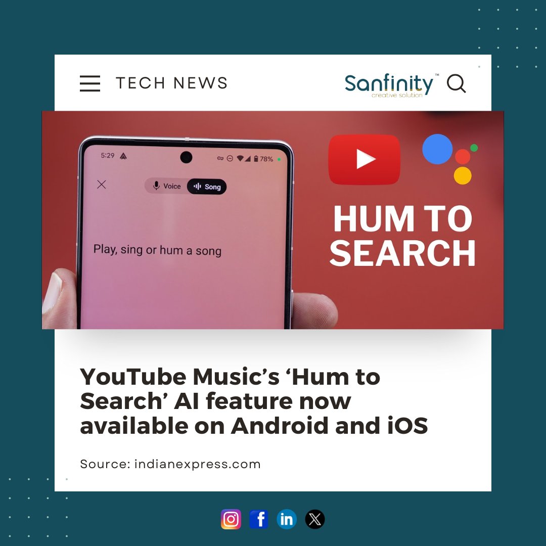 Sanfinityweb's tweet image. AI is making our lives easier. With this AI feature, YouTube Music users can look for any song in the platform’s 100 million catalog just by sound.

#artificalintelligence #AI #Youtube #music