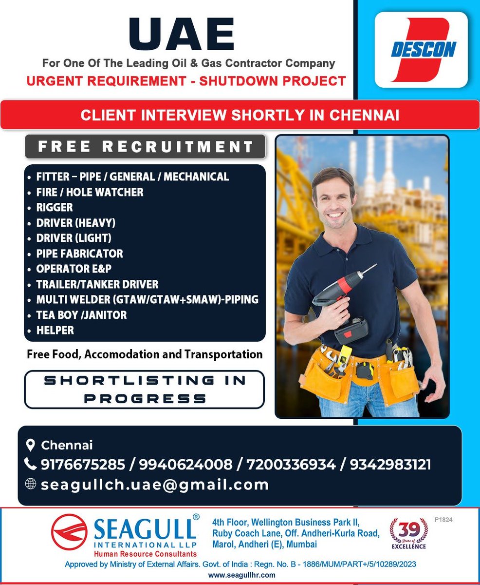 hrd1_seagull's tweet photo. 🇦🇪UAE Jobs
✔Free Recruitment - Ex Descon
‼️ Urgent Recruitment - Shut Down Project
💻 Client Interview Shortly In Chennai
📝Shortlisting In Progress
📍Location- Chennai
.
.
.
#uaejobs #seagull #fitter #fireholewatcher #driver #pipefabricator #teaboy #helper https://t.co/Dqm7dwyV35