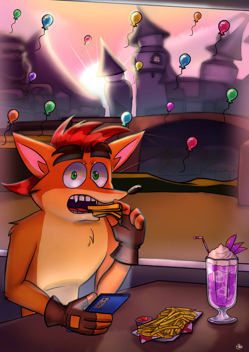 catalin62706090's tweet photo. comiendo papitas fritas y tomando juguito de wumpa 
en el parque de Von Clutchs 
#CrashBandicoot #Dibujo #Fanart #CrashBandicootFanart https://t.co/fA9Q4MAcXA
