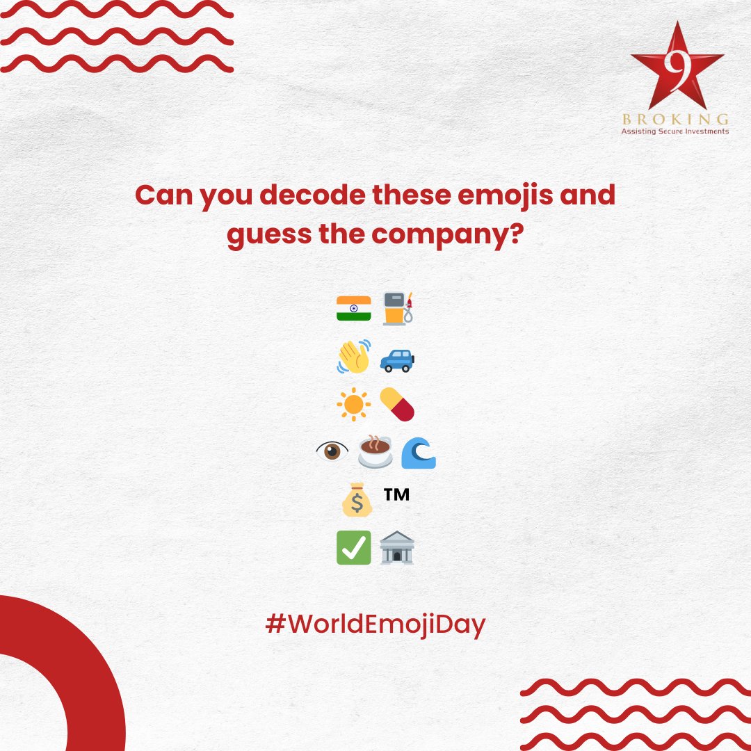 9starbroking's tweet photo. On #WorldEmojiDay, we challenge you to guess these stocks in emoji form.
Tag your friends and challenge them too! https://t.co/ZWKQuh52MN