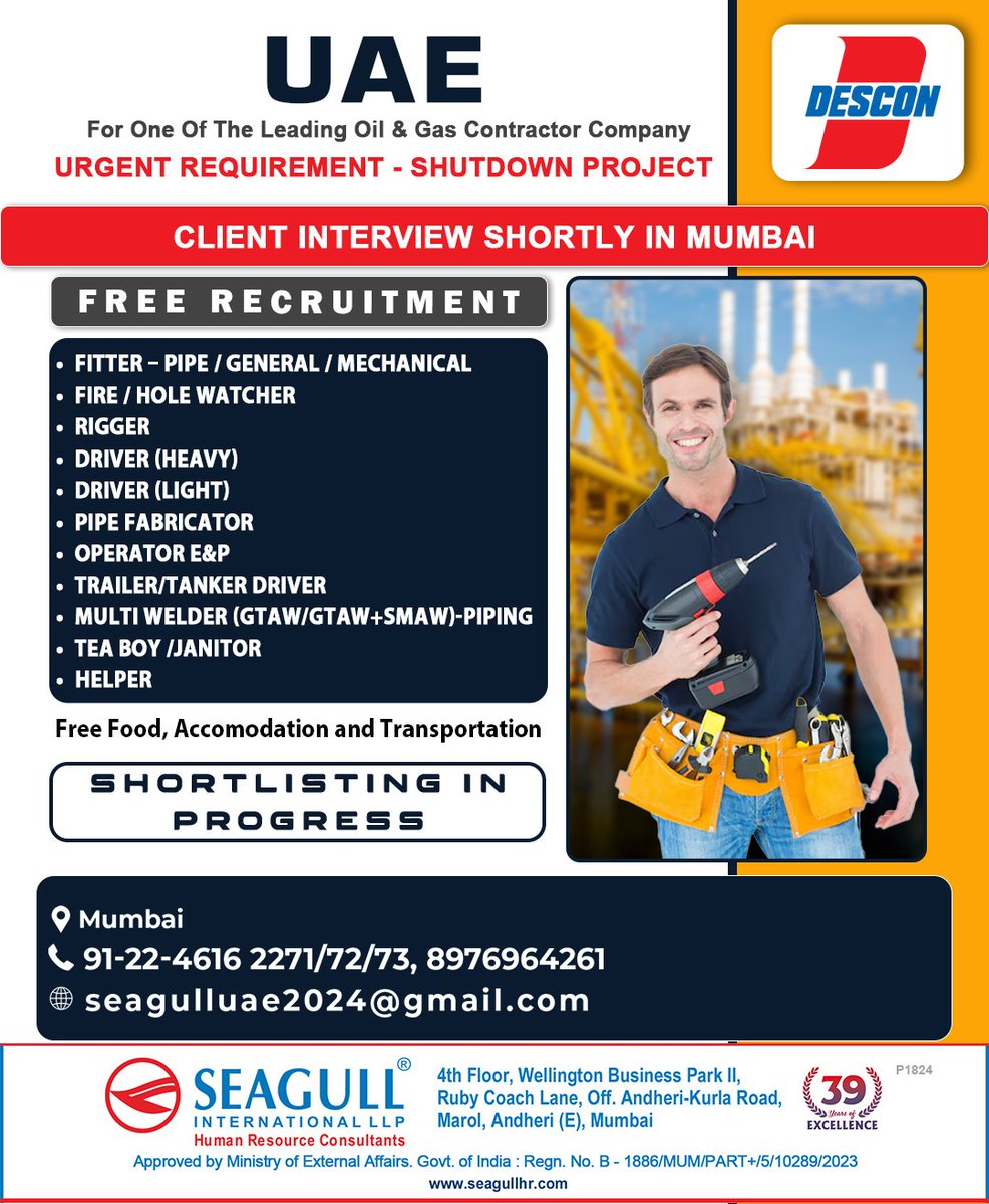 hrd1_seagull's tweet photo. 🇦🇪UAE Jobs
✔Free Recruitment - Ex Descon
‼️ Urgent Recruitment - Shut Down Project
💻 Client Interview Shortly In Mumbai
📝Shortlisting In Progress
📍Location- Mumbai
.
.
.
#uaejobs #seagull #fitter #fireholewatcher #driver #pipefabricator #teaboy #helper https://t.co/apn5DcWvFT