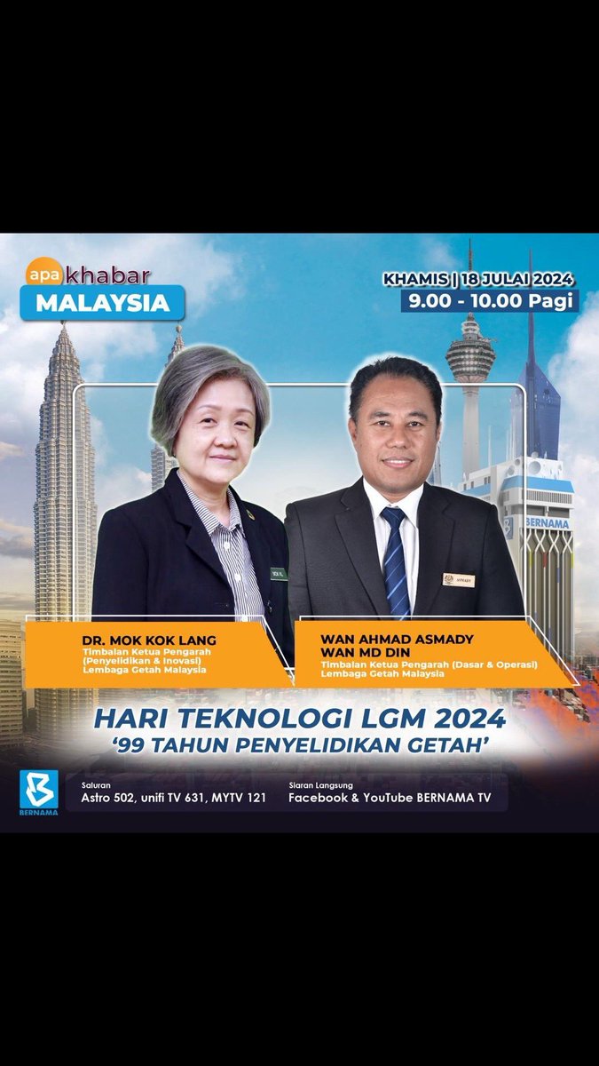 Mari sama-sama kita saksikan siaran langsung Promosi Hari Teknologi LGM 2024 di rancangan Apa Khabar Malaysia, Bernama, esok, 18 Julai 2024, jam 9.00 pagi
