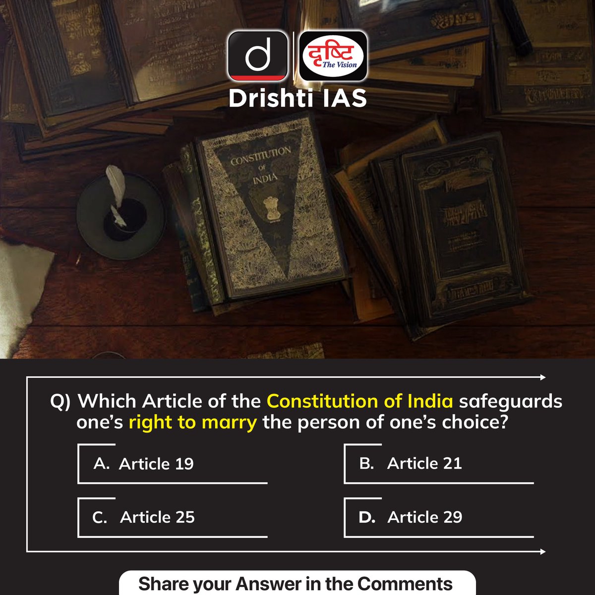 drishtiiaseng's tweet photo. Share your answer to the #DrishtiDailyQuiz in the comment section.
#Article #ConstitutionOfIndia #Constitution #India #RightToMarry #Law #UPSC #UPSC2024 #IAS #GeneralStudies #Aspirant #Preparation #Practice #DrishtiIAS #DrishtiIASEnglish https://t.co/cdCRxMTibe