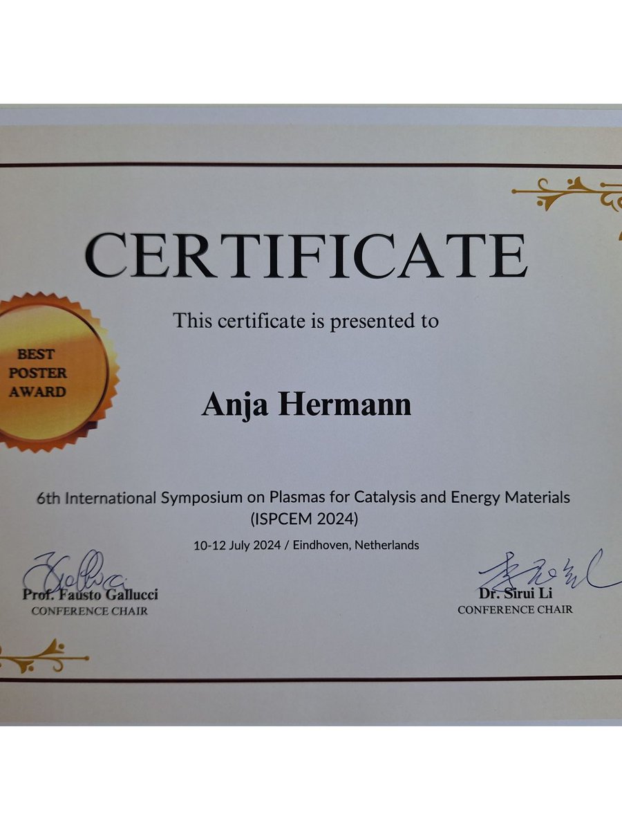 Happy to share that Anja Herrmann, <a href="/DIFFER/">Differ</a>, won the best poster award at the 6th International Symposium on Plasmas for Catalysis and Energy Materials (ISPCEM) for her work done in the #ORACLEproject. CONGRATULATIONS!

#energy #science #research #GreenAmmonia