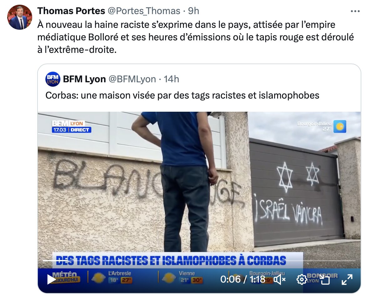 LaurentObertone's tweet photo. Portes et Bilongo s'indignent d'une maison visée par des tags, dénoncent le manque de réactions et accusent Bolloré.
Le même jour, énième dégradation d'une église : cure de silence des députés LFI https://t.co/0M0JMCKG2B