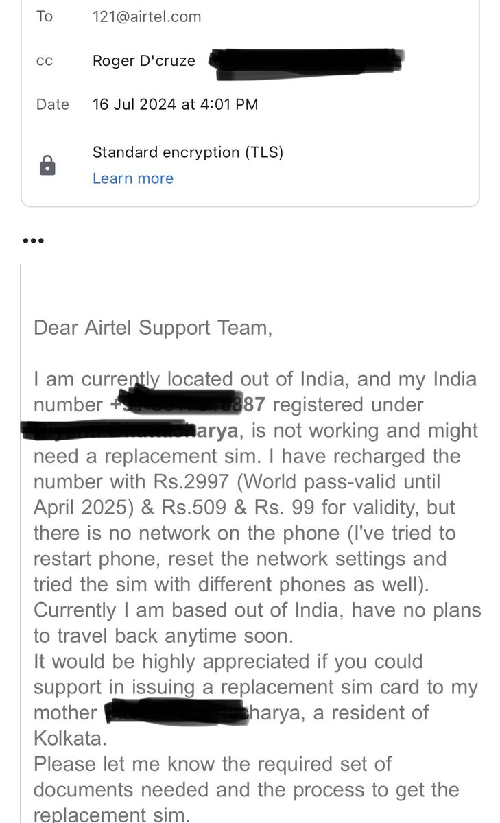 RogerDcruze's tweet photo. @airtelindia @Airtel_Presence  would highly appreciate if you could help with responding the below email. We have tried to reach out to the stores, but in Vain since they get redirected to BOT. https://t.co/mwyEz2utDj