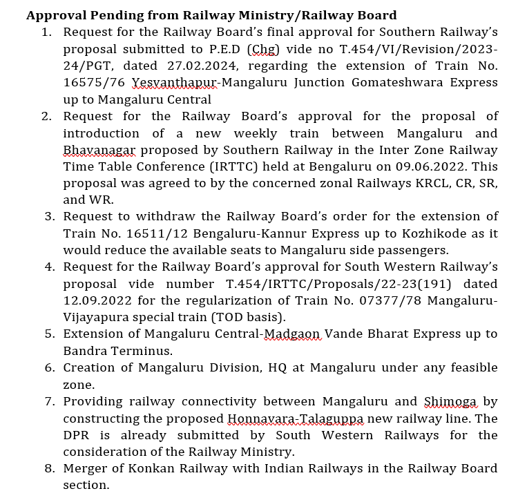 Dear <a href="/VSOMANNA_BJP/">V. Somanna</a> sir, we warmly welcome you to Mangaluru on behalf of all railway users and the people of our district. Below are our demands related to railway development. We hope these will be discussed and proper actions taken in today's meeting.
<a href="/CaptBrijesh/">Captain Brijesh Chowta ಕ್ಯಾಪ್ಟನ್ ಬ್ರಿಜೇಶ್ ಚೌಟ</a> <a href="/RailMinIndia/">Ministry of Railways</a>