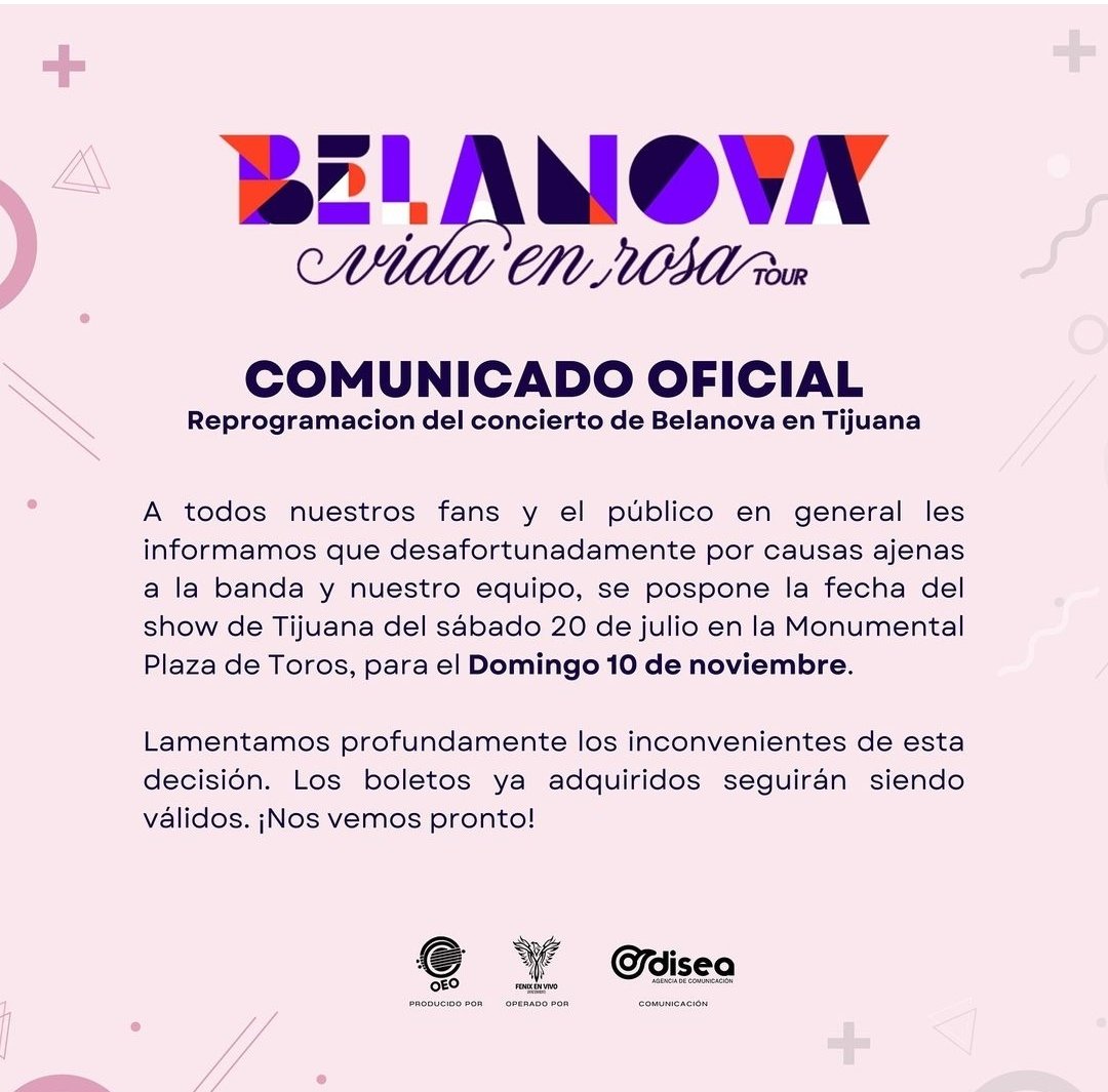 ArmandoNieblas's tweet photo. ¿Qué está pasando en #Tijuana?

El mismo día, Belanova y Molotov-Kinky anuncian la cancelación de sus conciertos del próximo 20 de julio.

Ambos argumentan causas ajenas a ellos. https://t.co/uGuarLsvt3