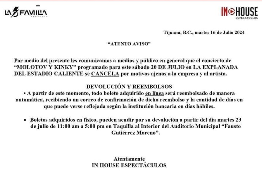 ArmandoNieblas's tweet photo. ¿Qué está pasando en #Tijuana?

El mismo día, Belanova y Molotov-Kinky anuncian la cancelación de sus conciertos del próximo 20 de julio.

Ambos argumentan causas ajenas a ellos. https://t.co/uGuarLsvt3