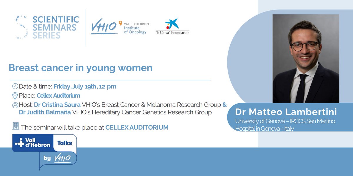 Vall d’Hebron Institute of Oncology (VHIO) (@vhio) on Twitter photo 📣 New VHIO- <a href="/CaixaResearch/">CaixaResearch</a> Scientific Seminar‼️
🔹 Breast cancer in young women
👨🔬 <a href="/matteolambe/">Matteo Lambertini, MD PhD</a>, <a href="/UniGenova/">Università di Genova</a> & <a href="/SanMartino_Ge/">Ospedale San Martino Genova</a>
🗓 19th July at 12h
📍 Cellex Auditorium
Host: <a href="/CristinaSaura3/">Cristina Saura</a> & <a href="/judithbalmana/">judith balmaña</a>
➕ linke.to/MatteoLamberti… 📣 New VHIO- <a href="/CaixaResearch/">CaixaResearch</a> Scientific Seminar‼️
🔹 Breast cancer in young women
👨🔬 <a href="/matteolambe/">Matteo Lambertini, MD PhD</a>, <a href="/UniGenova/">Università di Genova</a> & <a href="/SanMartino_Ge/">Ospedale San Martino Genova</a>
🗓 19th July at 12h
📍 Cellex Auditorium
Host: <a href="/CristinaSaura3/">Cristina Saura</a> & <a href="/judithbalmana/">judith balmaña</a>
➕ linke.to/MatteoLamberti…