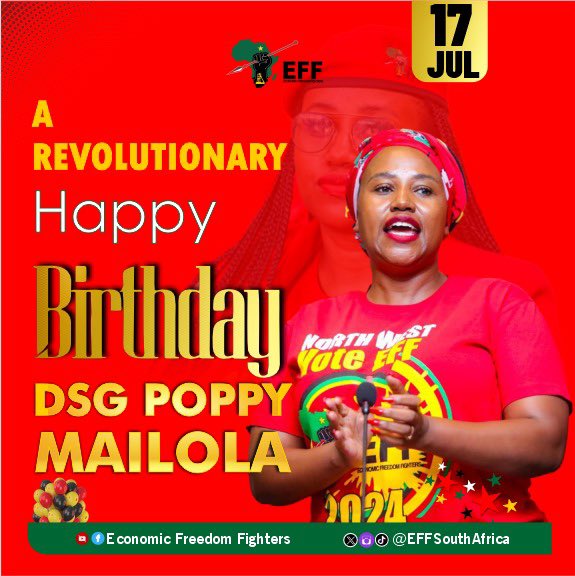EFFSouthAfrica's tweet photo. The EFF wishes Deputy Secretary General @mailola_poppy a revolutionary happy birthday.

We are grateful and inspired by your leadership, fortitude, courage and unwavering commitment to the revolution!

#EFFTurns11 https://t.co/bXaotGlUR9