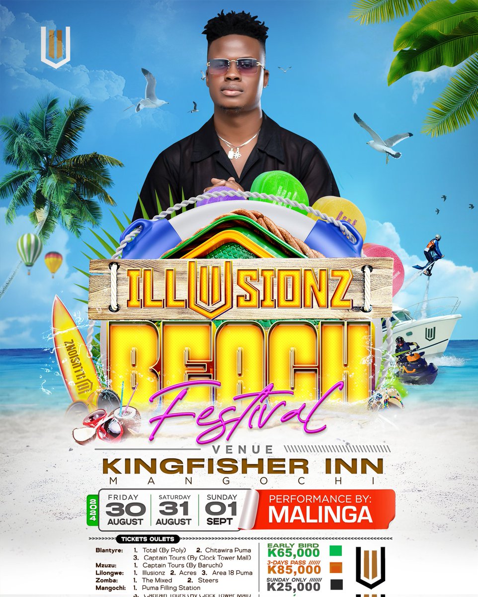 Look at the Line up for ILLUSIONZ BEACH FESTIVAL🙌🔥

@GwambaOfficial Ali within!!
Skeffa Chimoto 
Mafana oti Basi!🙌😂

Scorpion Kings🇿🇦 and Eemoh🇿🇦will  also be there Live!!

Get your ticket for this 3 days Beach Festival!!.

#IllusionsBeachFestival
#Illusionz 
#Eemoh
#Scorpion