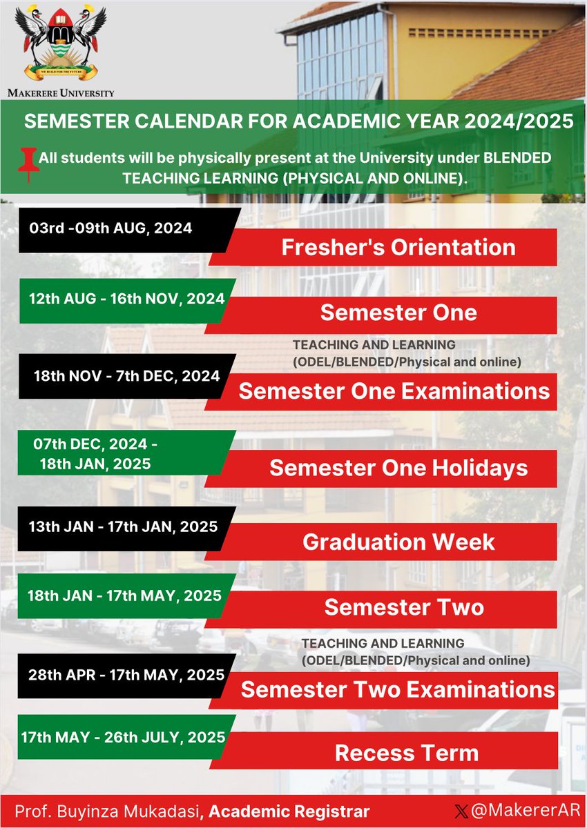DICTSMakerere's tweet photo. #SemesterCalendar

To all @Makerere students and freshers, please take note.
cc: @MakerereAR https://t.co/ES7xId05Qe