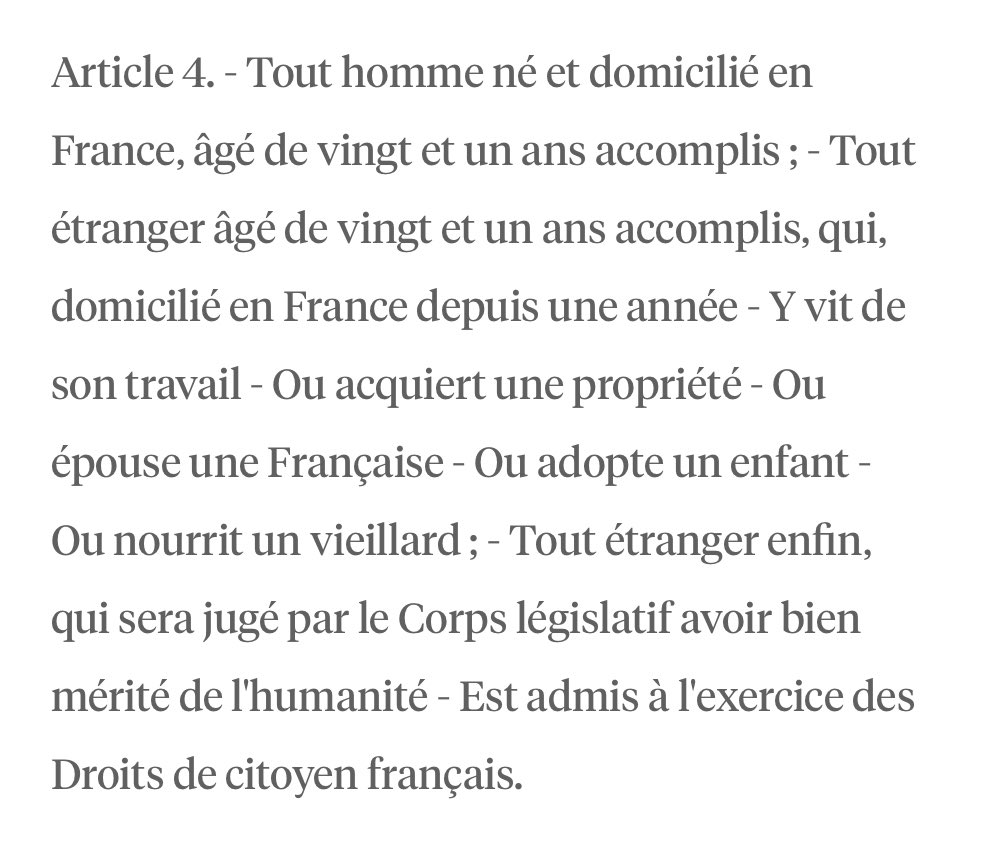 ALeaument's tweet photo. @nonolamarquise 1) C’est déjà le cas.

2) Si vous connaissiez l’Histoire de France que vous demandez aux autres de connaître, vous sauriez que quand on a inventé le drapeau 🇫🇷 et la Marseillaise, la naturalisation était un droit (constitutionnel !) au bout d’un an.

Constitution de 1793 ⤵️ https://t.co/n7zttoAoKv