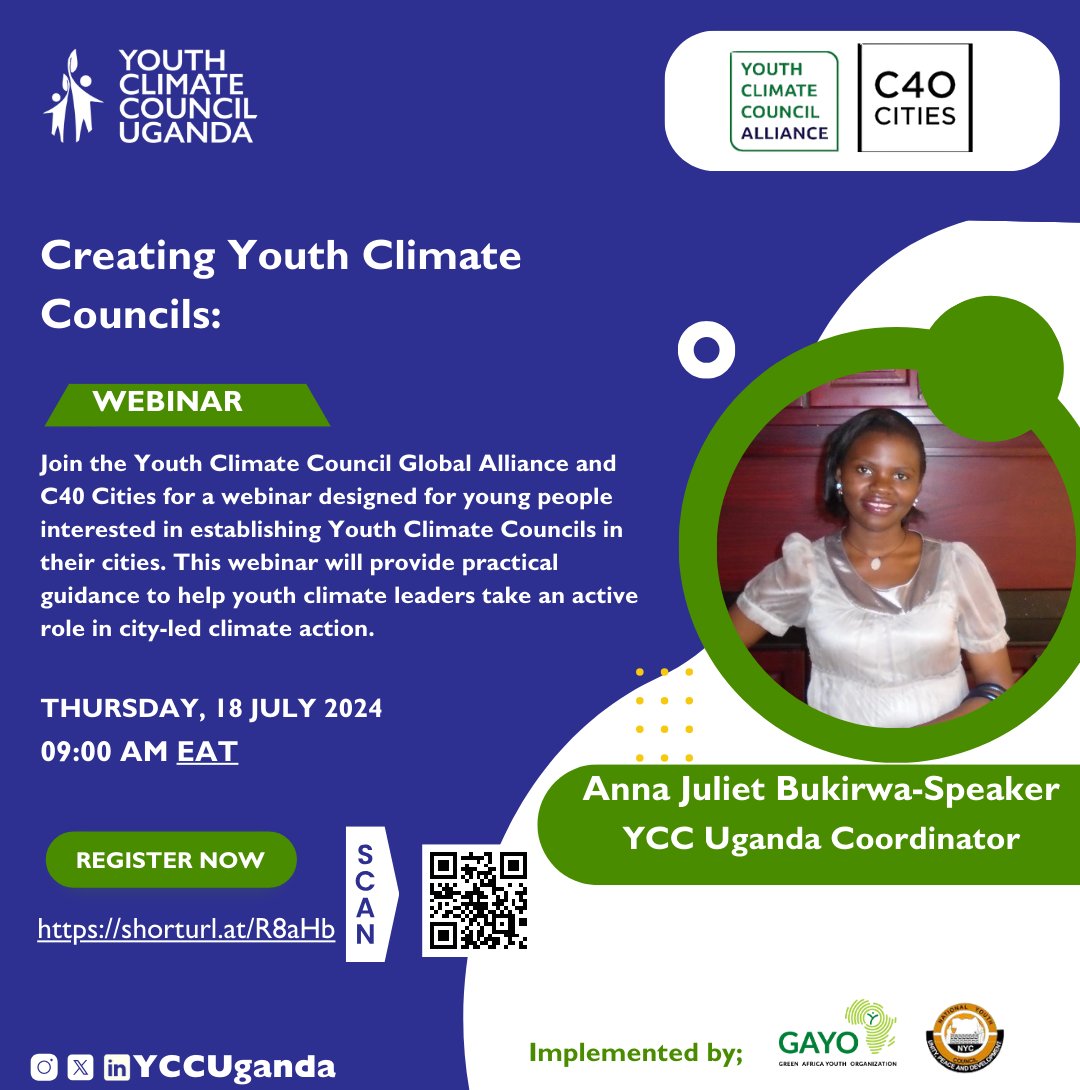 YCCUganda's tweet photo. Meet our speaker, @anna_bukirwa, the @YCCUganda Coordinator.
She will be leading Session 1, sharing invaluable insights on creating and sustaining youth climate councils at the city level
Register now at https://t.co/aSYBjPVaTl
#C40YouthHub #YCCGA #YouthAreTheFuture https://t.co/QEPZBUjI8d
