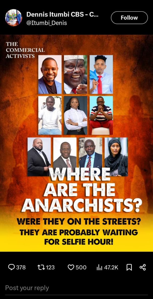 Kivutha Kibwana (@profkibwana) on Twitter photo BTW <a href="/OleItumbi/">-Dennis Itumbi, CBS</a> ALL THE BELOW are GOATS...I mean SCAPEGOATS. Why deny Kenya's youth a MIND? Why refuse: They are TRIBELESS, PARTYLESS, FEARLESS, LEADERLESS and UNITED seeking a NEW KENYA? Us old folks danced in 90s, 2020s floor is squarely a GenZ-Milles space. Pls EMPATHISIZE. BTW <a href="/OleItumbi/">-Dennis Itumbi, CBS</a> ALL THE BELOW are GOATS...I mean SCAPEGOATS. Why deny Kenya's youth a MIND? Why refuse: They are TRIBELESS, PARTYLESS, FEARLESS, LEADERLESS and UNITED seeking a NEW KENYA? Us old folks danced in 90s, 2020s floor is squarely a GenZ-Milles space. Pls EMPATHISIZE.