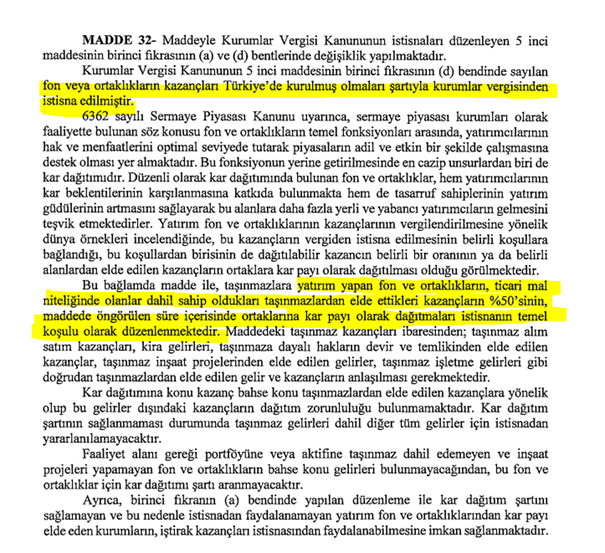 Meclise sunulan kanun teklifine göre GYO şirketlerini kurumlar vergisinden istisna sayılması için sahip oldukları taşınmazlardan elde ettikleri kazançların %50 sini temettü olarak vermek zorundalar.

Bu madde ile GYO şirketleri vergi istisnası için kar payı dağıtma yoluna