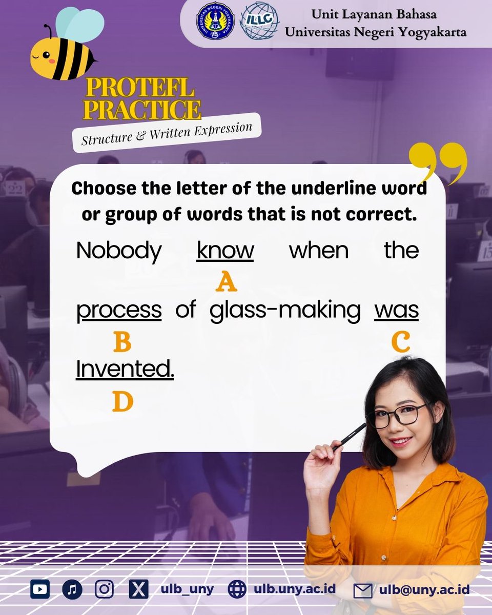 ulb_uny's tweet photo. Hi ULBuddies ....
Let's have practice session with us!
Don't forget to type the answer on the comment section.
#Unycommunity #ProTEFL #Yudisium #Practice #GrammarNerd https://t.co/mq8j8jTrhV
