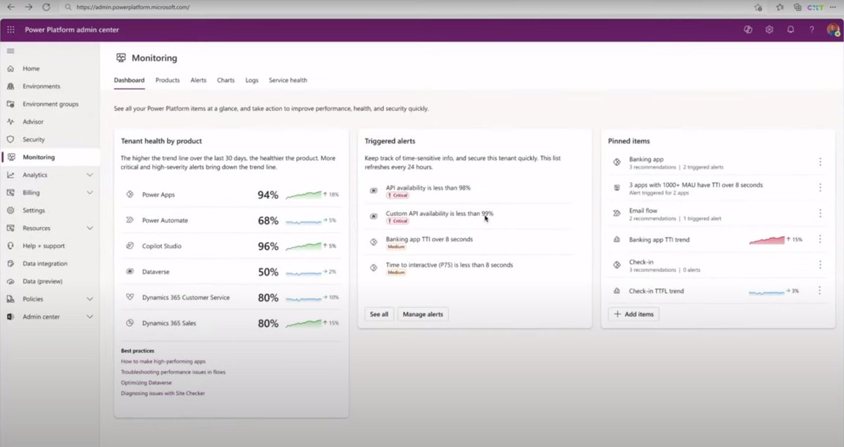SheCodez's tweet image. Monitoring in PPAC shows trends and recommendations on performance, health and security:
- Trend line per product
- Tenant wide security alerts, 24h refresh cycle
- Pined recommendation list
- Best practice suggestions (high-performing apps, optimize Dataverse)

#ReleaseWave2