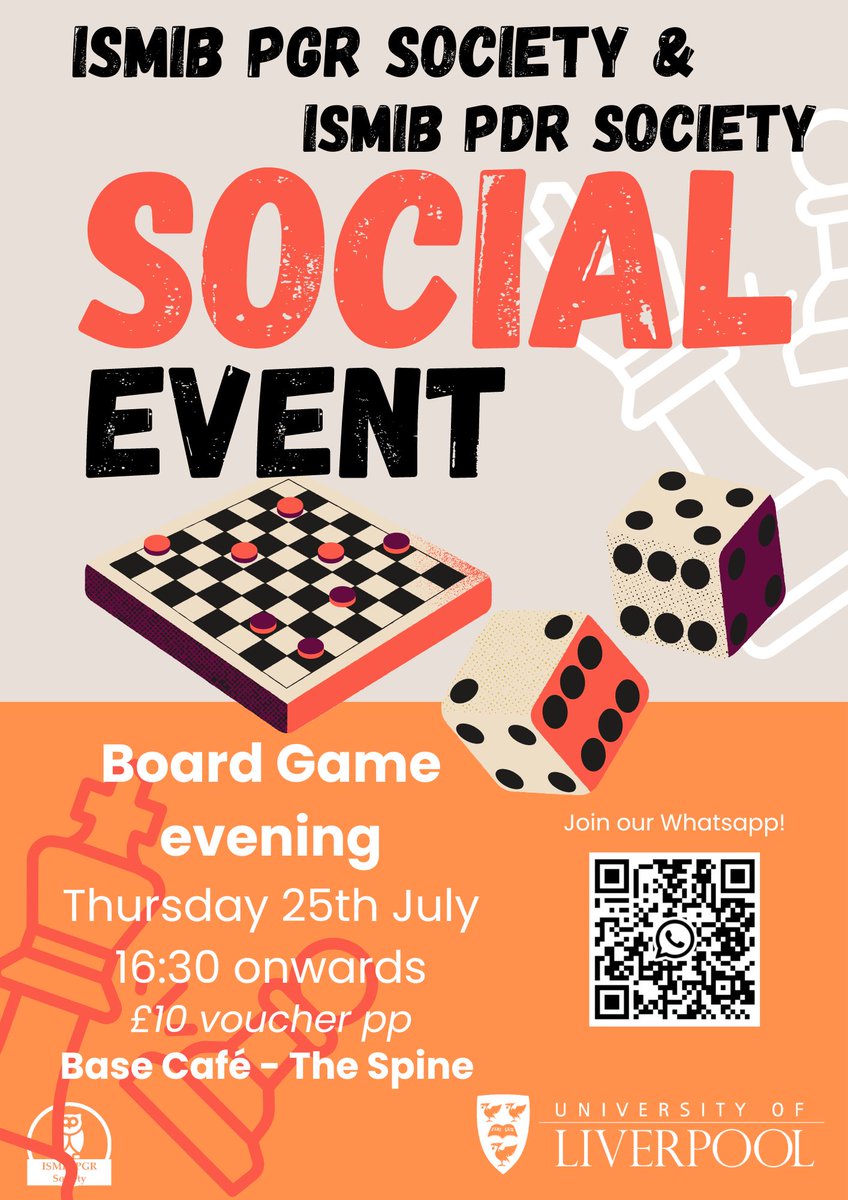 ISMIB PGR Society (@livuni_ismibpgr) on Twitter photo We're teaming up with <a href="/LivUniISMIB_PDS/">ISMIB PostDoc Society</a> for a board game evening on 25/07/24 at the Base Café @ The Spine!
16:30 onwards, and £10 for snacks and drinks will be included for each person 🎲
Come along and say hi! We're teaming up with <a href="/LivUniISMIB_PDS/">ISMIB PostDoc Society</a> for a board game evening on 25/07/24 at the Base Café @ The Spine!
16:30 onwards, and £10 for snacks and drinks will be included for each person 🎲
Come along and say hi!