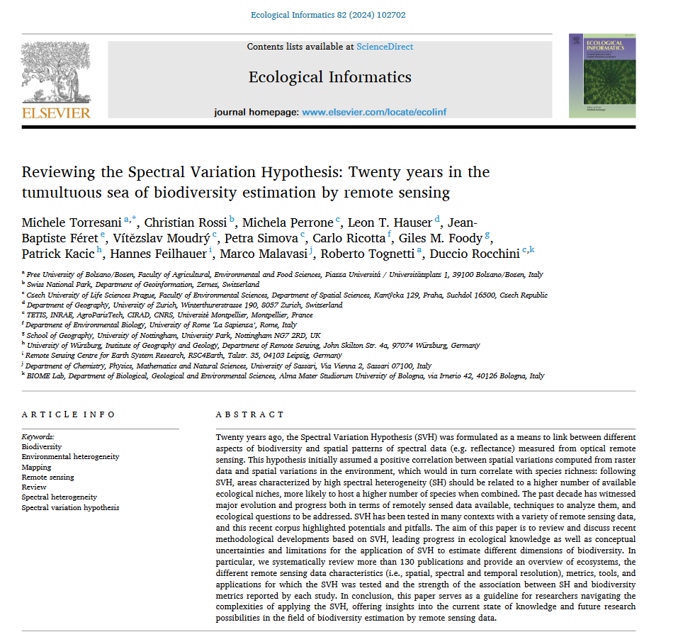 📢Our latest publication reviewing the Spectral Variation Hypothesis for biodiversity estimation using remote sensing data is now online!🛰️🌳We explored SVH's application across ecosystems, remote sensing data, metrics, uncertainties, and future directions sciencedirect.com/science/articl…