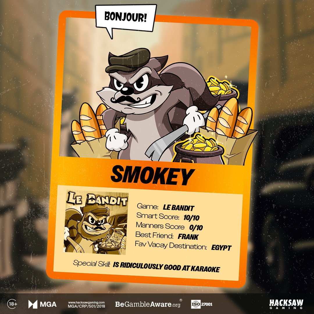 hacksawgaming's tweet image. Much like most crowbar-wielding raccoons, Smokey is nothing short of absolutely delightful ☘️

What characters shall we cover next?! Let us know 👇

🔞 | Please Gamble Responsibly| BeGambleAware.org  #HacksawGaming #LeBandit #MeetNGreet