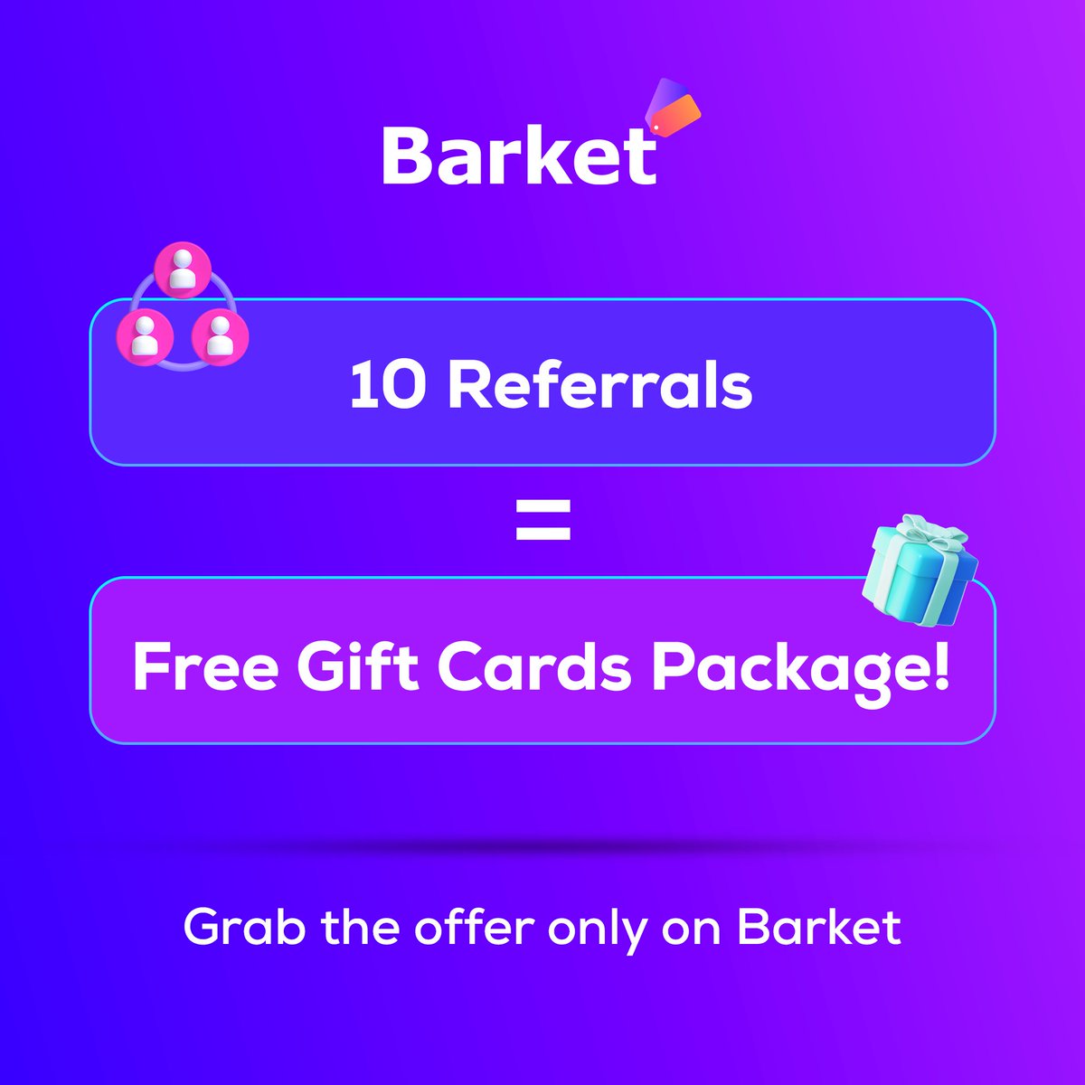 Earn #free gift cards with #Barket!🎁
Refer 10 direct referrals &amp; receive one package absolutely free.
Don't miss out on this incredible offer,
Start referring today and enjoy amazing rewards.
#gift #deal #discount