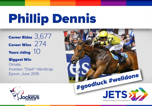 The PJA (@pjaofficial) on Twitter photo Wishing the very best of luck for the future to <a href="/phillip_dennis/">Phil Dennis</a> who brought his career in the saddle to a close at <a href="/Beverley_Races/">Beverley Racecourse</a> yesterday.
Enjoy the next chapter Phil! #GoodLuck Wishing the very best of luck for the future to <a href="/phillip_dennis/">Phil Dennis</a> who brought his career in the saddle to a close at <a href="/Beverley_Races/">Beverley Racecourse</a> yesterday.
Enjoy the next chapter Phil! #GoodLuck