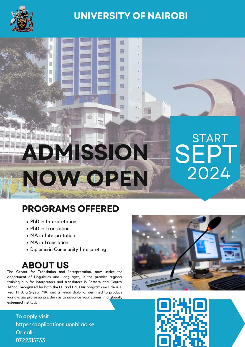 uonbi's tweet photo. The Centre for Translation and Interpretation (CTI) is taking in applications for its programmes. Apply now through the University's application portal 
https://t.co/QR3ai0Xugu 

#StudyatUoN 
#WeareUoN https://t.co/apeEQlhu5H