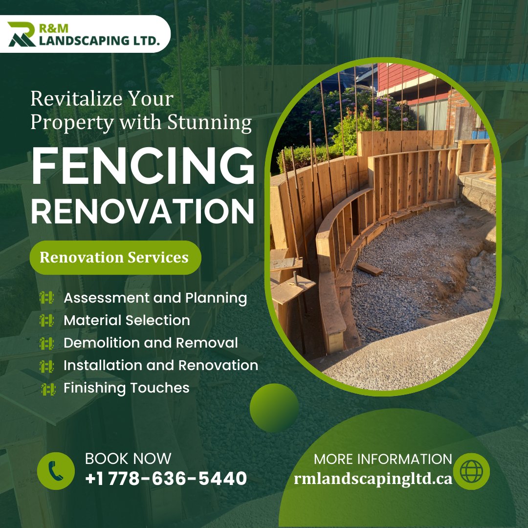 rm__landscaping's tweet photo. Revitalize Your Property with Stunning Fencing Renovation 🚧✨ 
 Services 
📋#AssessmentandPlanning
 🛠️#MaterialSelection
 🗑️#DemolitionandRemoval
🚧#InstallationandRenovation
 ✨#FinishingTouches
  📞 Contact Us: Phone: +1 778-636-5440 
Website: https://t.co/LLT1UPN2e8 https://t.co/W8bKvRZPlL