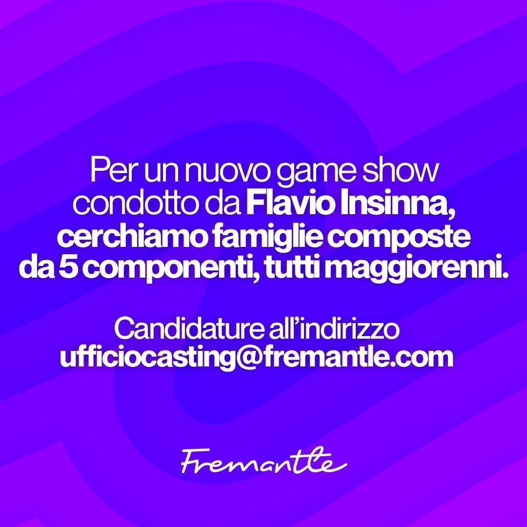 Fremantle Italy (@fremantleit) on Twitter photo AAA Famiglie d'Italia! Siamo alla ricerca di famiglie composte da 5 persone: figli, nonni, nipoti, portinai, badanti, babysitter, vicini di casa... insomma, legami di sangue e affinità elettive, tutti ammessi a patto di essere maggiorenni!
Scrivete a ufficiocasting@fremantle.com AAA Famiglie d'Italia! Siamo alla ricerca di famiglie composte da 5 persone: figli, nonni, nipoti, portinai, badanti, babysitter, vicini di casa... insomma, legami di sangue e affinità elettive, tutti ammessi a patto di essere maggiorenni!
Scrivete a ufficiocasting@fremantle.com