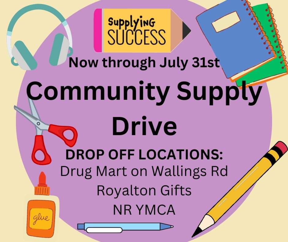 As you start to see the good deals come out on supplies, please keep us in mind! Our Community Supply Drive is underway! You can find drop boxes at the Discount Drug Mart on Wallings Rd, Royalton Gifts, and the NR Family YMCA! Visit supplyingsuccess.com for more info!