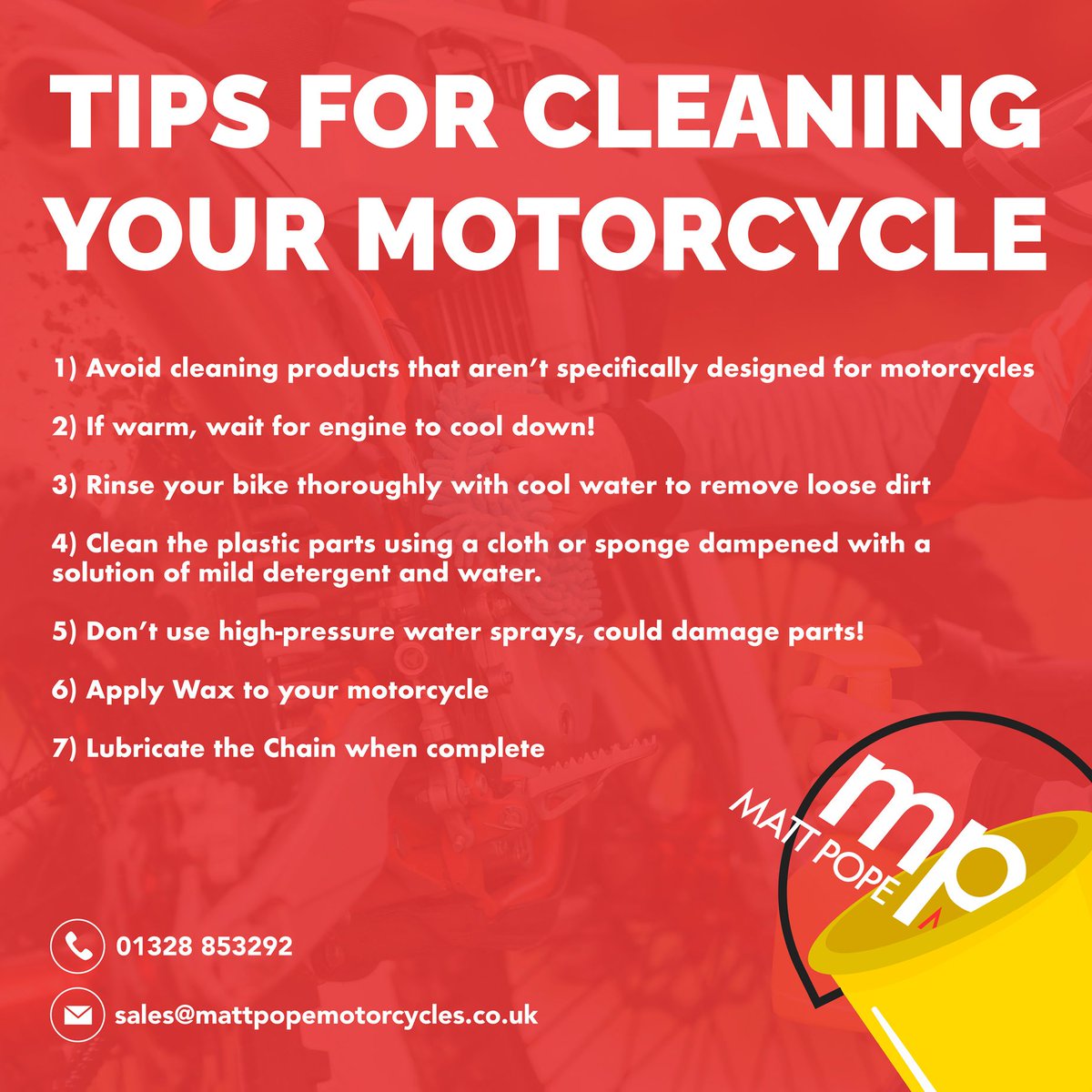 Matt Pope Motorcycles (@mattmotorcycles) on Twitter photo ๐๐จ๐ญ๐จ๐ซ๐๐ฒ๐๐ฅ๐ ๐๐ฅ๐๐๐ง๐ข๐ง๐ ๐๐ข๐ฉ๐ฌ ๐งฝ Riding a motorcycle can be dirty! Take a look at our tips on getting it looking good as new!
๐ง sales@mattpopemotorcycles.co.uk ๐๐จ๐ญ๐จ๐ซ๐๐ฒ๐๐ฅ๐ ๐๐ฅ๐๐๐ง๐ข๐ง๐ ๐๐ข๐ฉ๐ฌ ๐งฝ Riding a motorcycle can be dirty! Take a look at our tips on getting it looking good as new!
๐ง sales@mattpopemotorcycles.co.uk