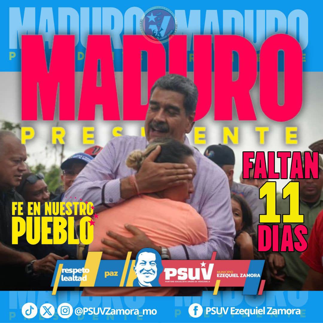 🟨🟦🟥🟨🟦🟥🟨🟦🟥
Aquí nuestro contador Zamorano!!!

A Solo 1️⃣1️⃣ días para la victoria contundente.

_Nicolás Maduro presidente_ 

*Psuvezamora_mo*
<a href="/NicolasMaduro/">Nicolás Maduro</a> 
<a href="/dcabellor/">Diosdado Cabello R</a> 
<a href="/jorgerpsuv/">Jorge Rodríguez</a> 
<a href="/ErnestoLunaPsuv/">Ernesto Luna G.</a> 
<a href="/Oscarcpsuv/">Oscarcpsuv</a> 
<a href="/PartidoPSUV/">PSUV</a> 
<a href="/psuvmonagas_ve/">𝗣𝗦𝗨𝗩 𝗠𝗢𝗡𝗔𝗚𝗔𝗦</a>