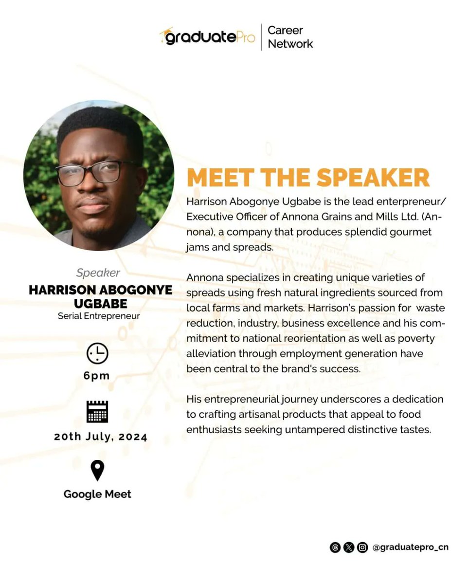GraduatePro_CN's tweet photo. Are you an entrepreneur? 
Do you have what it takes to scale your business globally? 
Would you like to know how? 

Join Mr Harrison Abogonye Ugbabe a serial entrepreneur at our next upskilling event and know how to take your business to the next level. https://t.co/yTRKe24YbE